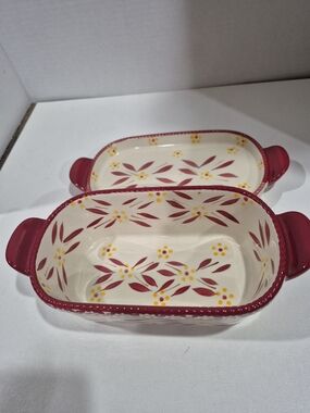 Temp-Tations Cream and Red Floral Ceramic Baking Dishes with Handles
